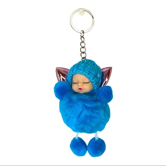 SLEEPY BABY WITH FAIRY WINGS SMALL POMPON IN BLUE KEYCHAIN CHARM - Picture 2 of 6